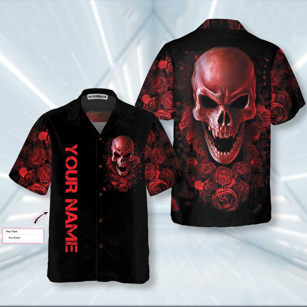Blood Rose Skull Custom Hawaiian Shirt, Red Rose Gothic Skull Shirt For Halloween