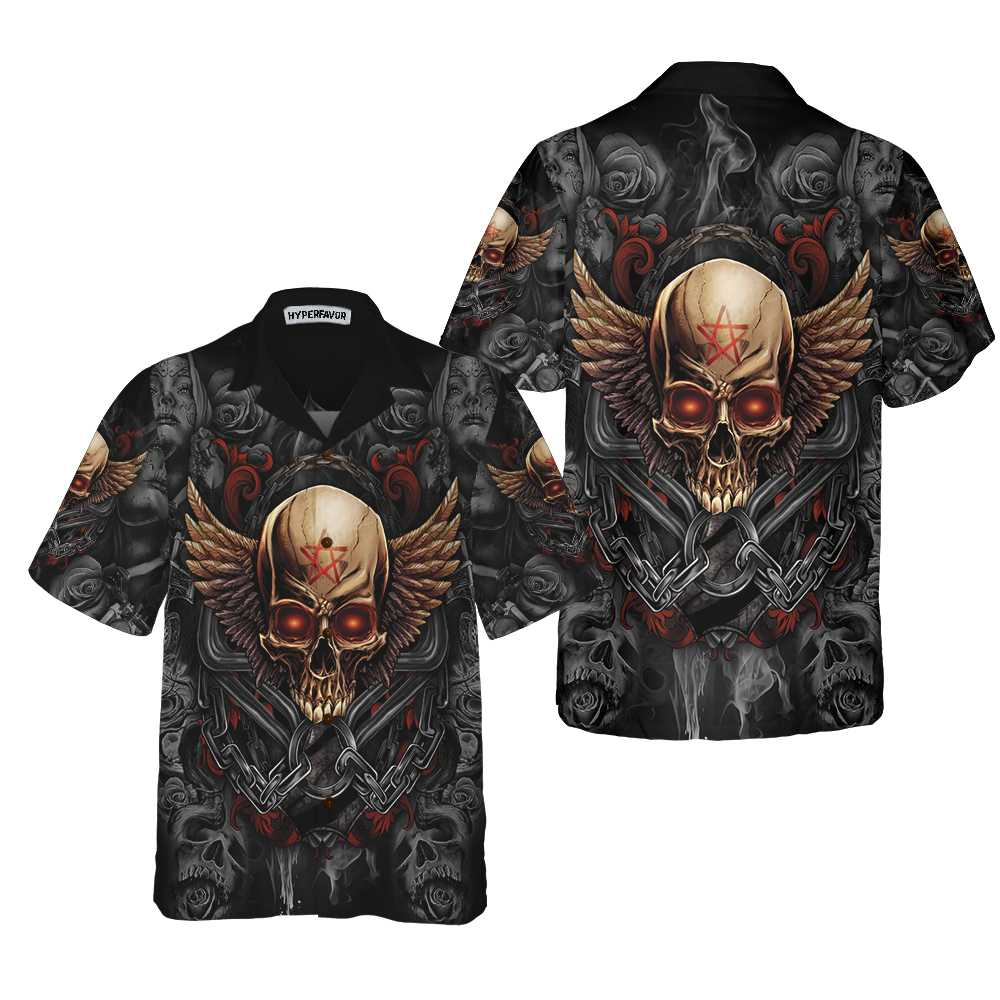 Gothic Skull Biker Hawaiian Shirt, Pentagrama Skull Goth Shirt For Men And Women