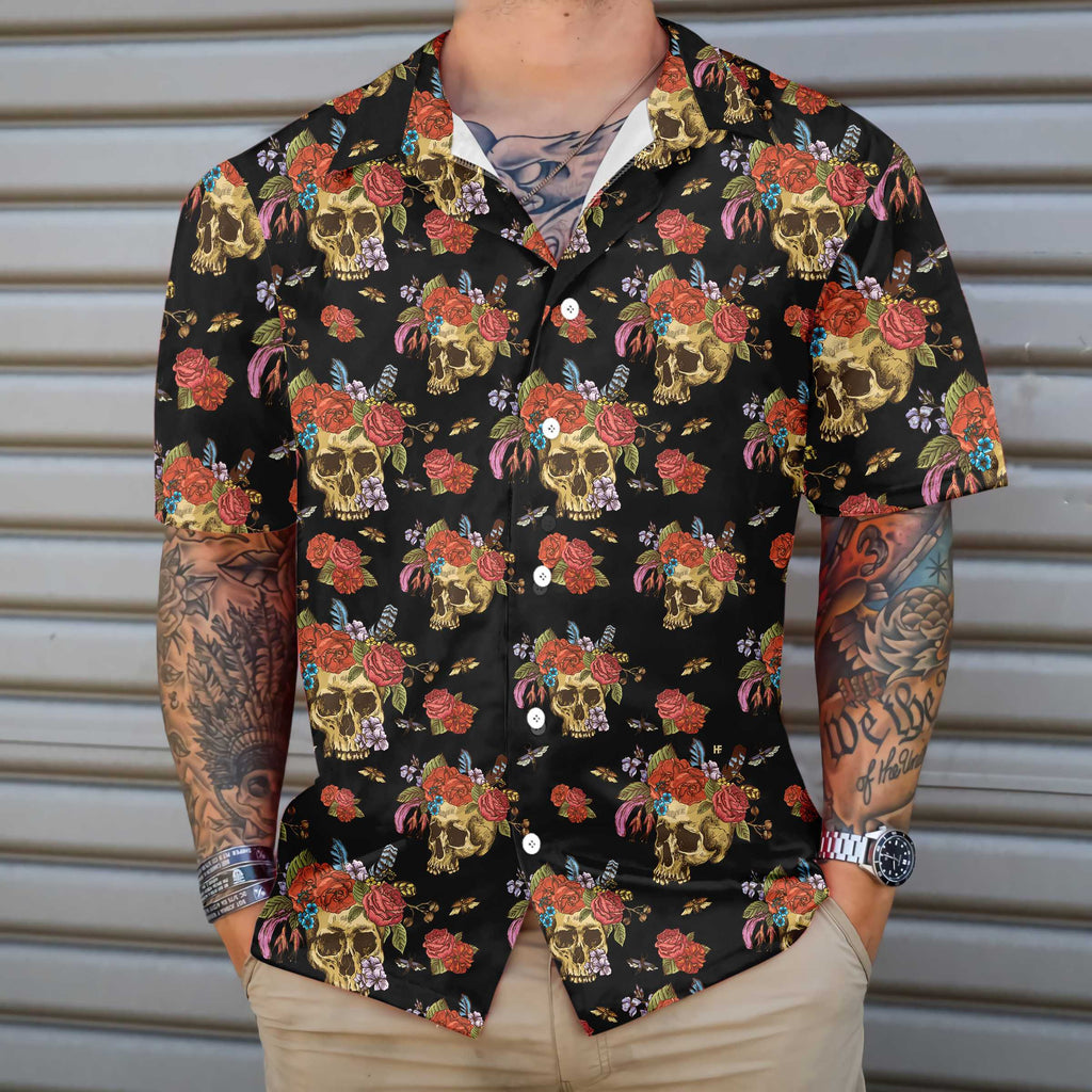 Skulls & Flowers Day Of The Dead Hawaiian Shirt, Vintage Skull And Red Roses Shirt, Day Of The Dead Gift