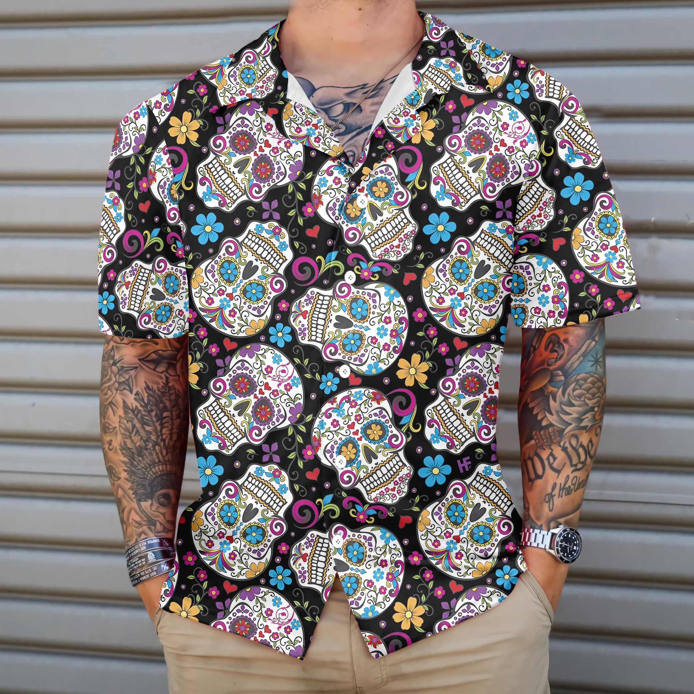 Sugar Skulls With Flowers Hawaiian Shirt, Colorful Floral Mexican Skull, Best Day Of The Dead Gift