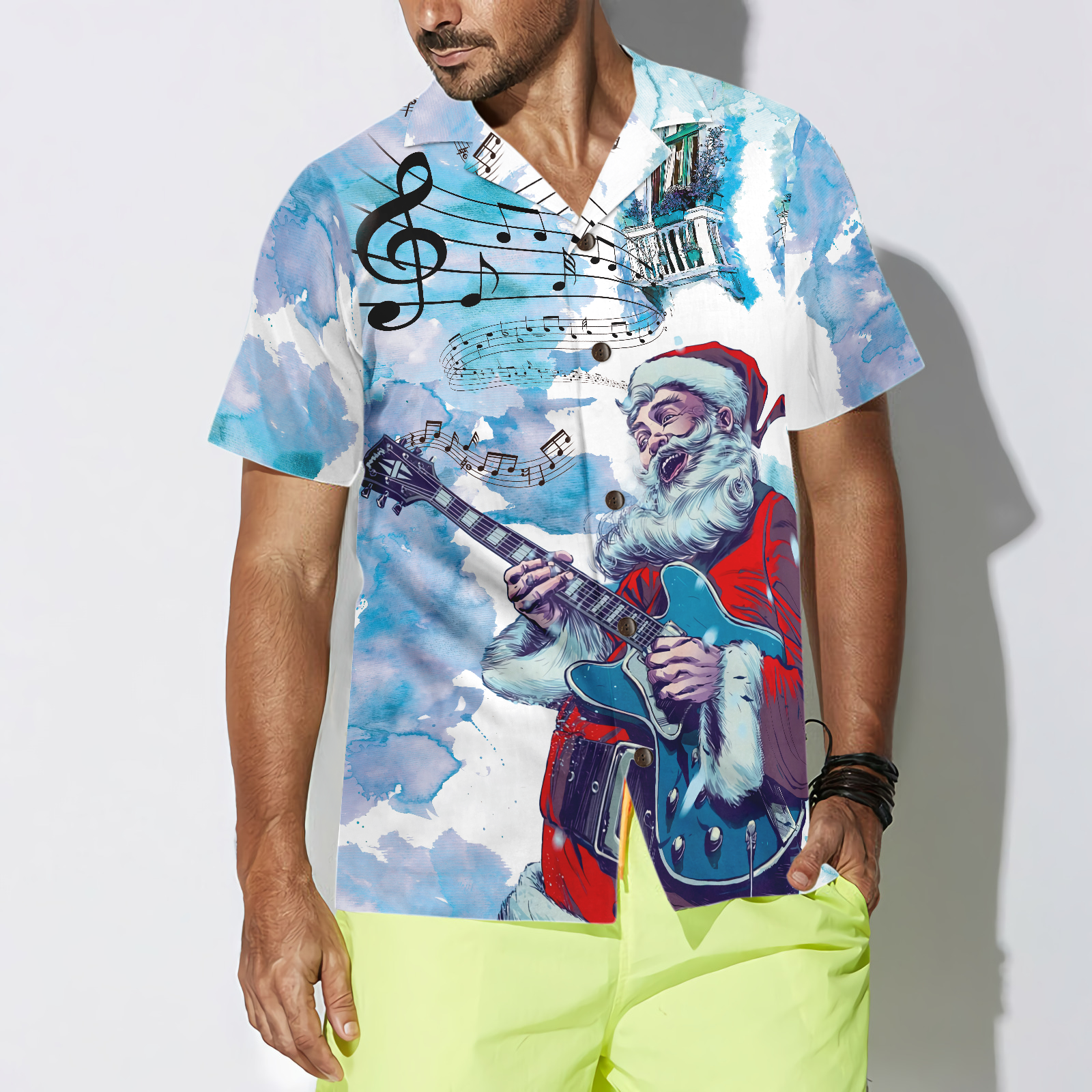 Hyperfavor Christmas Hawaiian Shirts, Chritmas Santa Guitar Music Pattern Shirt Short Sleeve, Christmas Shirt Idea Gift For Men And Women