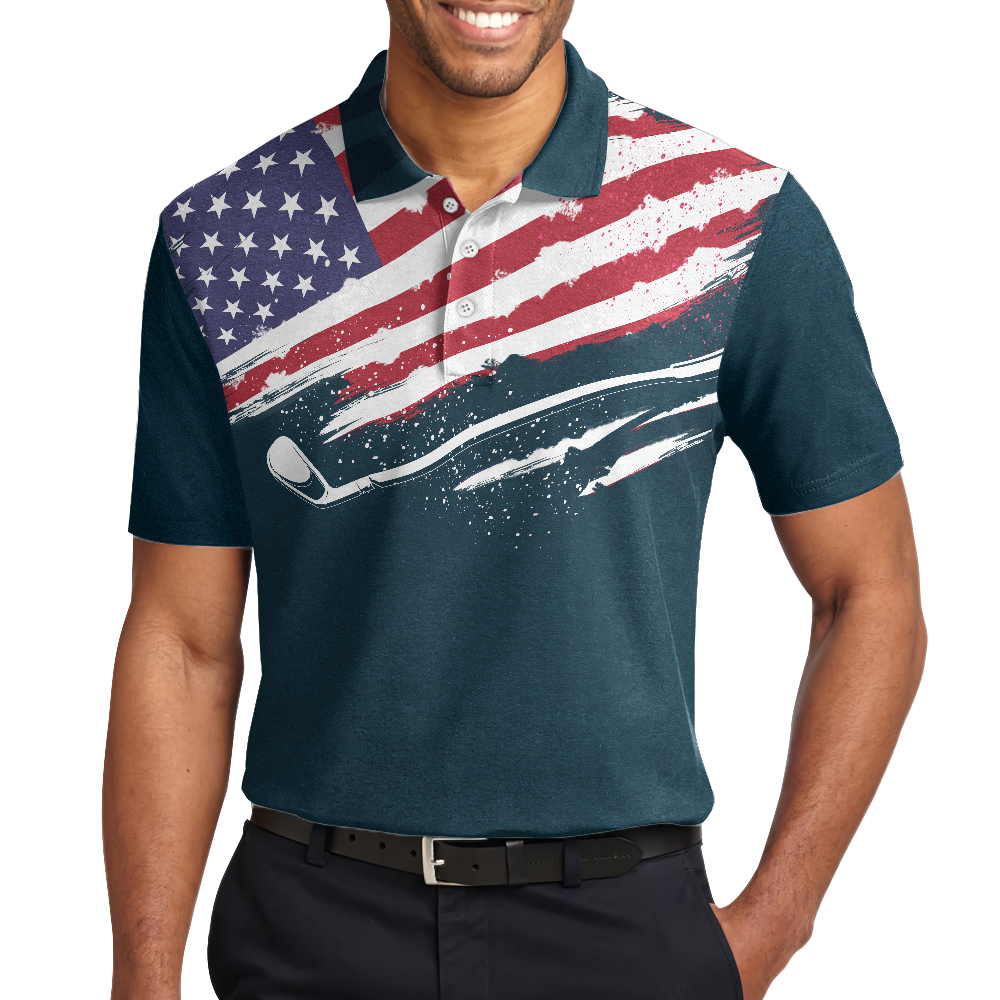 Eat Sleep Golf Repeat American Flag Short Sleeve Polo Shirt, Dark Navy Golf Shirt For Men